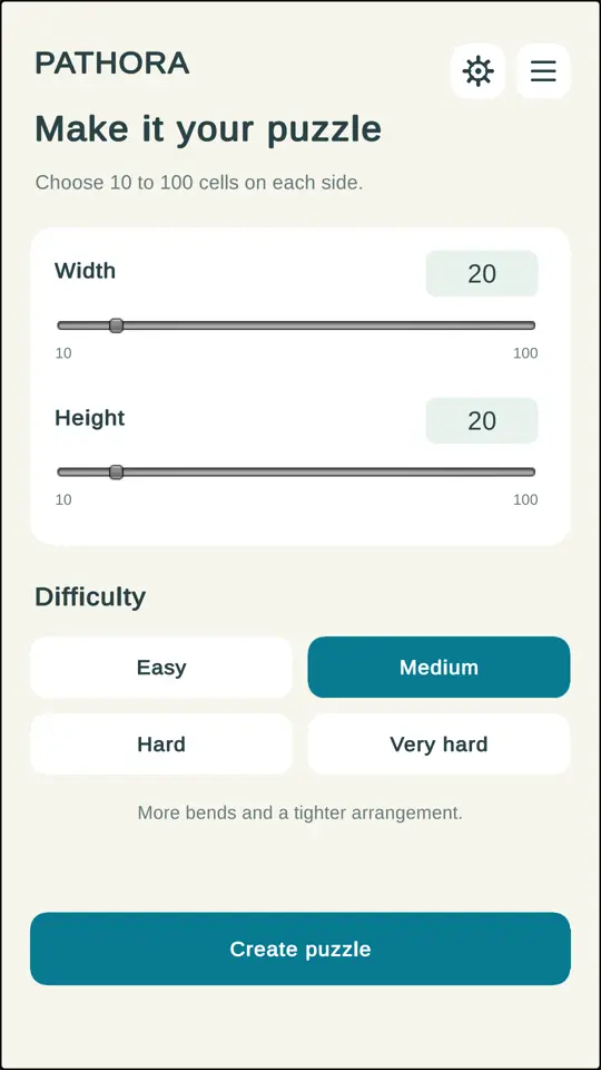 Free Play settings with width, height and four difficulty choices