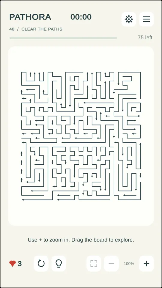 Pathora stage 40, showing winding arrow paths and zoom controls